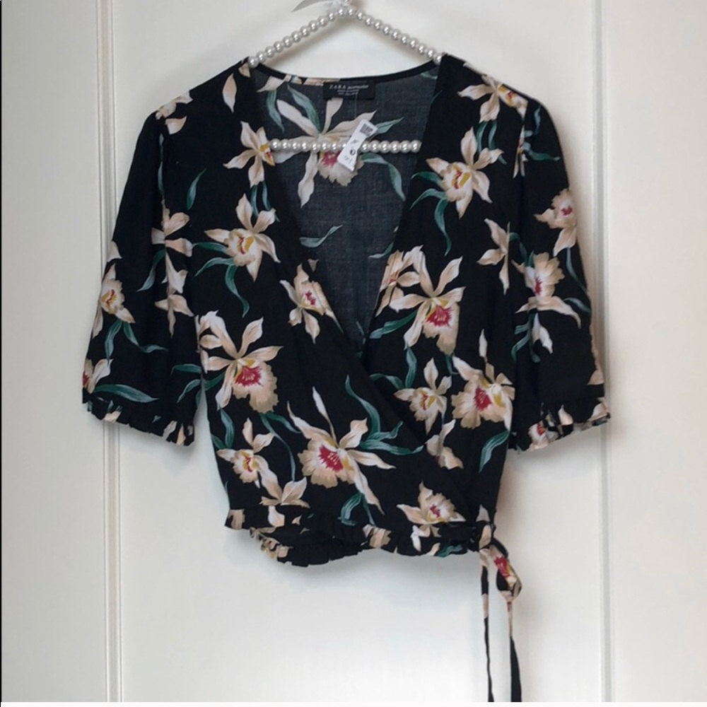 Zara Floral Wrap Tie Blouse